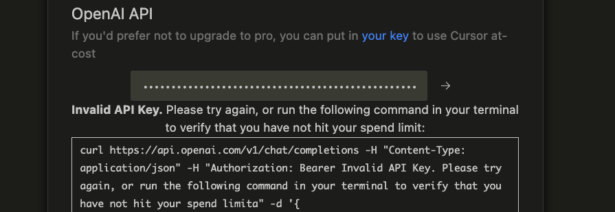 Invalid API Keyのエラーメッセージ